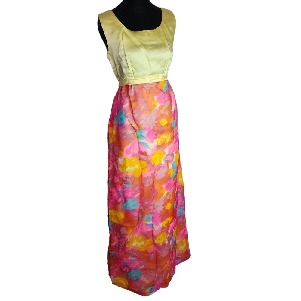 Vintage yellow Pink handmade long floral bright dress - Picture 8 of 8